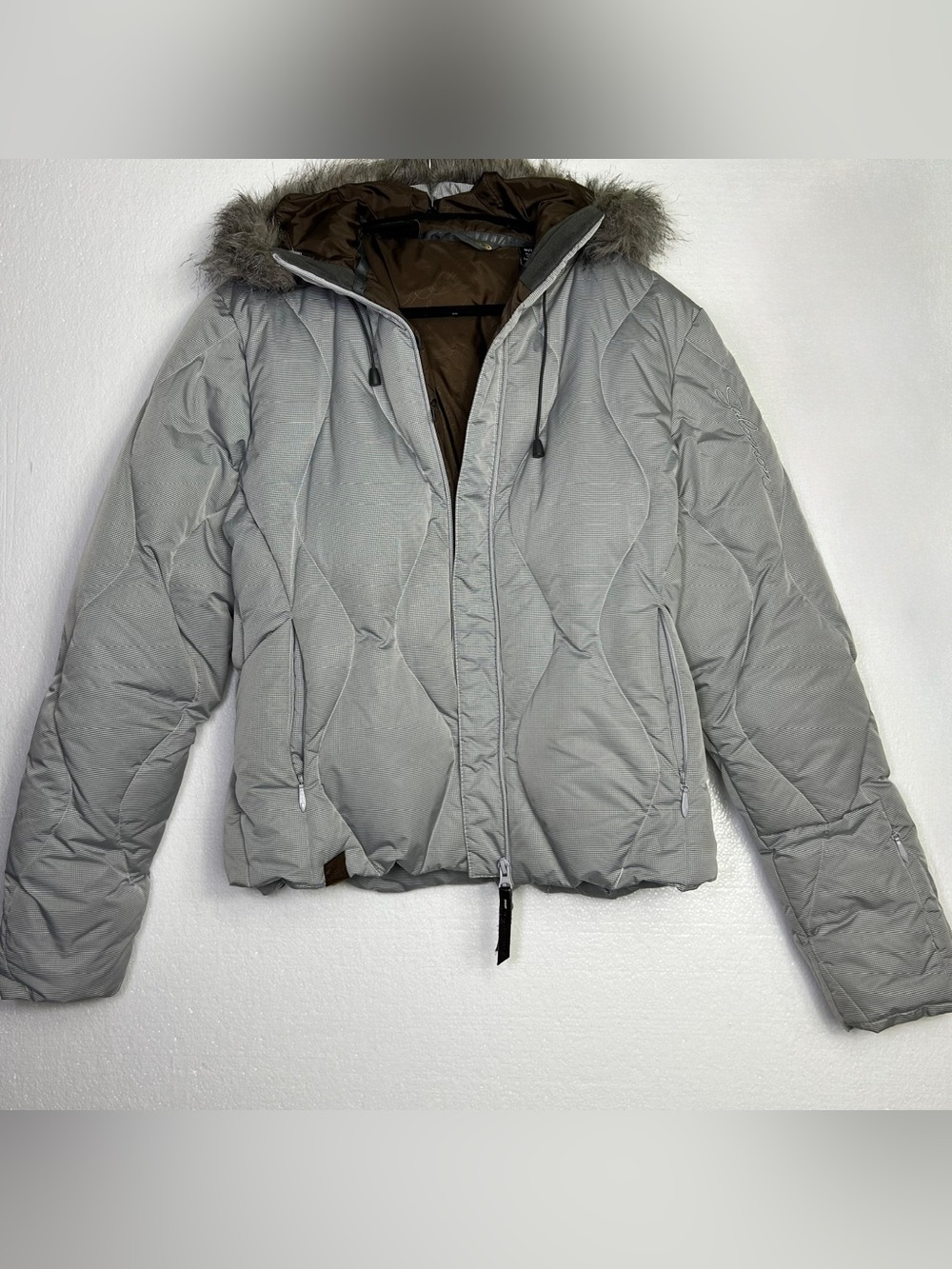 Salomon Down Ski Jacket Womens Small Light Blue Faux Fur Trim Hood Puffer size M